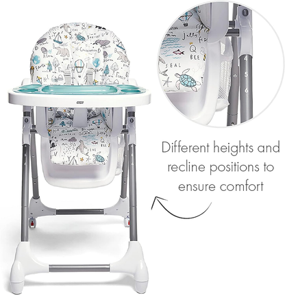 Cadeira de refeição ajustável Mamas & Papas Snax, reclinável, dobrável com tabuleiro amovível, Happy Planet