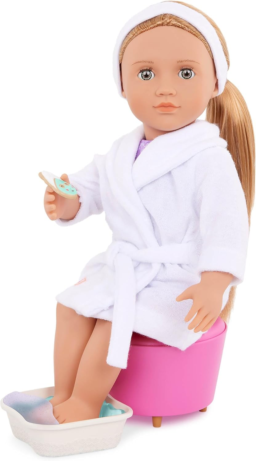 Our Generation Boneca Deluxe Emily com Livro de Histórias – Boneca organizadora de festas de 45 cm e livro de histórias para meninas e meninos, acessórios divertidos para festas, corpo macio e fofinho, para crianças a partir dos 3 anos