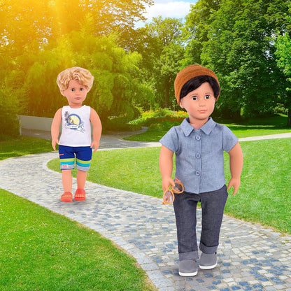 Boneca Game Boy Our Generation 31197 com prancha de surfe, creme, azul, laranja, azul