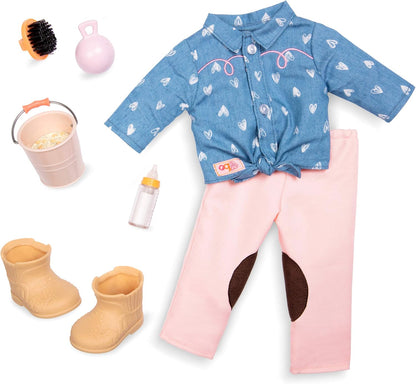 Boneca Yanira de 46 cm com potro de estimação da Our Generation, conjunto de boneca e animal de estimação para crianças, conjunto de brincadeira de faz de conta com potro, balde, biberão e outros acessórios para crianças a partir dos 3 anos
