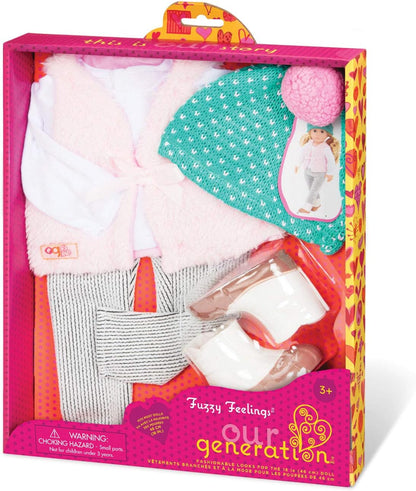 Nossa Geração Fuzzy Feelings Outfit – Roupa aconchegante para o frio para bonecas fashion de 18 polegadas – Conjunto de 5 peças para atividades ao ar livre