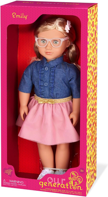 Our Generation Emily Girl Doll - Boneca de planeamento de festas de 45 cm com vestido rosa fofo, blusa de ganga da moda, corpo macio e fofinho, óculos estilosos, para maiores de 3 anos