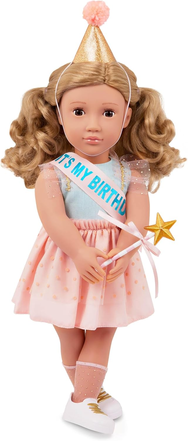 A Nossa Geração – Boneca de Aniversário de 45 cm – Olhos Castanhos Realistas e Cabelo Loiro Escuro Ondulado – Chapéu de Festa, Bolo e Acessórios Comemorativos – Brincadeira de Faz de Conta – Brinquedos para Crianças a partir dos 3 Anos – Romy