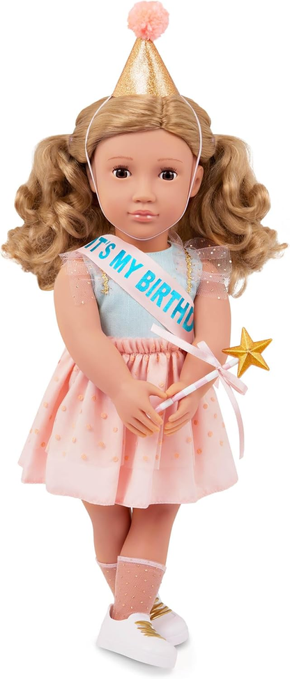A Nossa Geração – Boneca de Aniversário de 45 cm – Olhos Castanhos Realistas e Cabelo Loiro Escuro Ondulado – Chapéu de Festa, Bolo e Acessórios Comemorativos – Brincadeira de Faz de Conta – Brinquedos para Crianças a partir dos 3 Anos – Romy