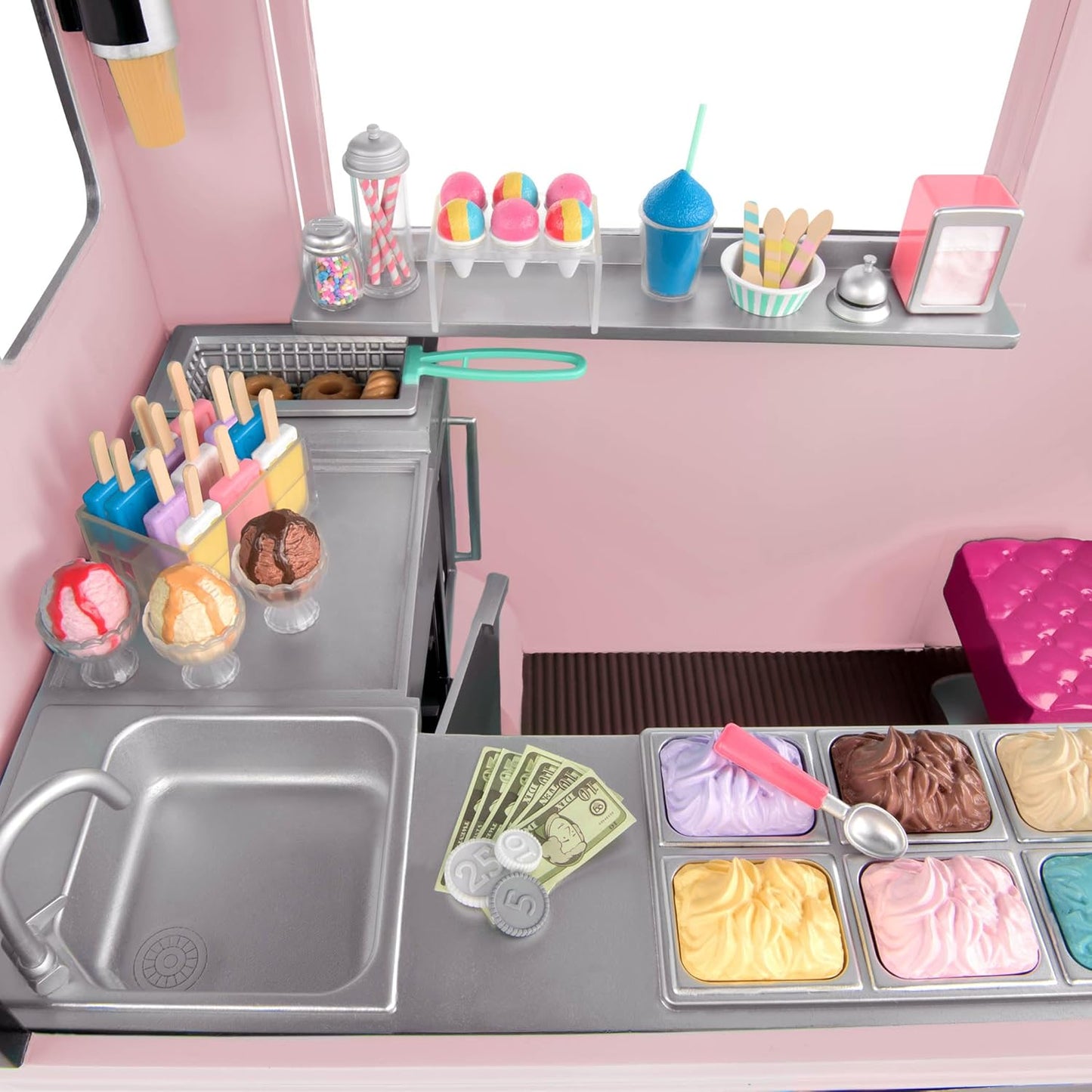Camião de gelados Sweet Stop da Our Generation (rosa) – Conjunto de carrinha de gelados para bonecas de 45 cm – Inclui 129 acessórios