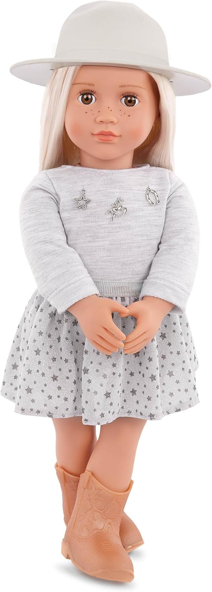 Boneca country Abigale da Our Generation – Boneca e roupa com tema country, botas de montaria altas, chapéu de aba elegante, sardas realistas, brinquedo de 45 cm com tema western para maiores de 3 anos