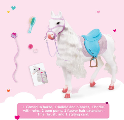 Our Generation Camarillo Hair Play Horse – Cavalo de brinquedo infantil de 50 cm com acessórios de estilo, sela e escova de cabelo – Acessório para cavalo para bonecas de 45 cm – Brinquedos para crianças a partir dos 3 anos