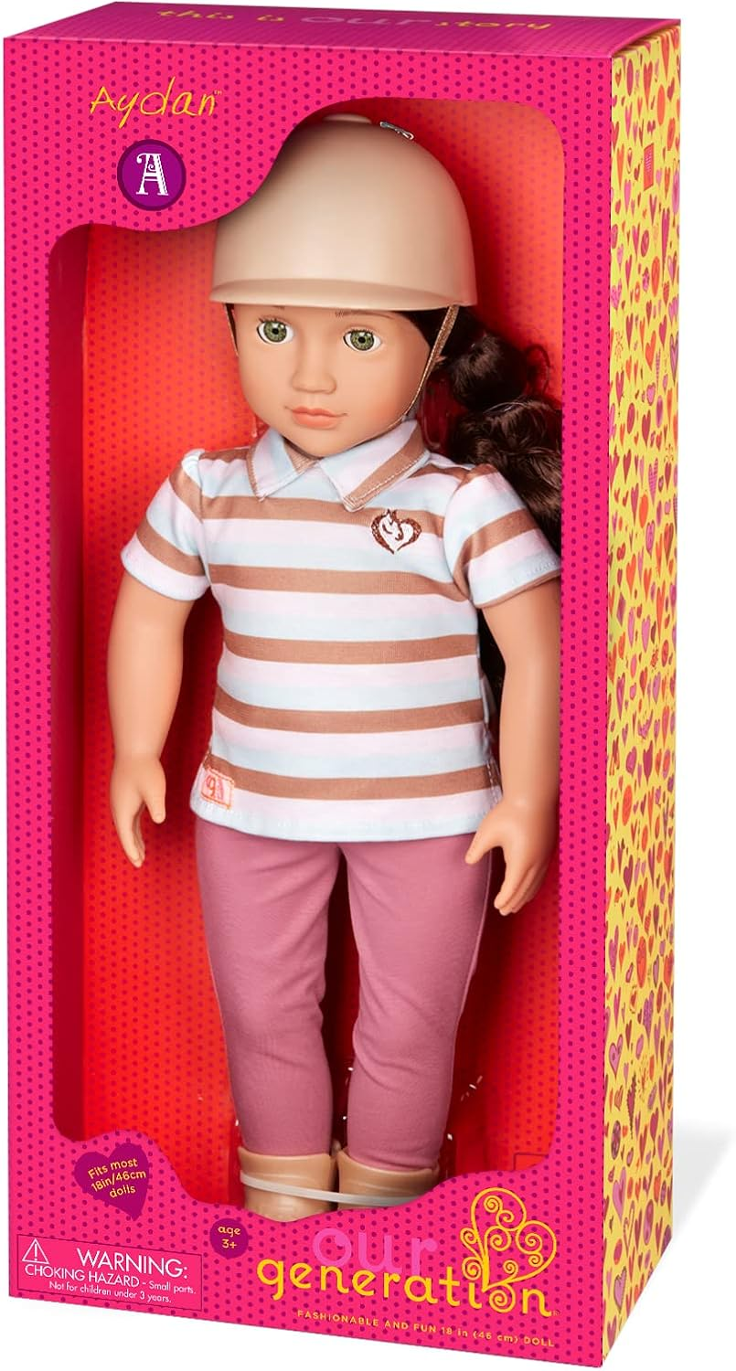 Boneca Rider Aydan da Our Generation - Boneca móvel de 46 cm com roupa, acessórios - Capacete de montar, t-shirt e botas - Brinquedo a partir dos 3 anos