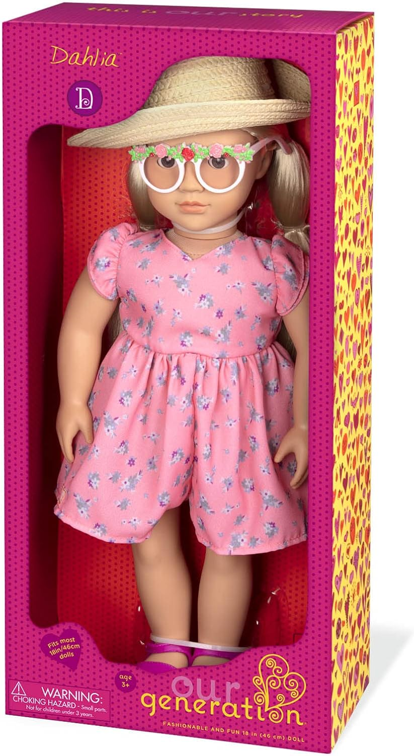 Boneca Our Generation com vestido estampado floral e chapéu de sol, Dália