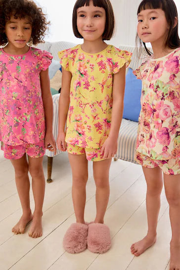 |BigGirl| Pacote de 3 pijamas curtos florais rosa/amarelo (9 meses a 16 anos)