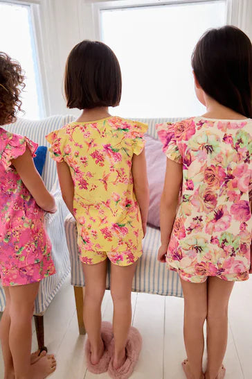 |BigGirl| Pacote de 3 pijamas curtos florais rosa/amarelo (9 meses a 16 anos)