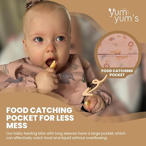 Yum Yum's Babador de silicone para desmame da Baby - Impermeável, fácil de limpar e confortável - Babador de manga comprida para bebês de 6 a 12 meses - Avental multifuncional para alimentação sem sujeira.