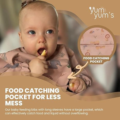 Yum Yum's Babador de silicone para desmame da Baby - Impermeável, fácil de limpar e confortável - Babador de manga comprida para bebês de 6 a 12 meses - Avental multifuncional para alimentação sem sujeira.