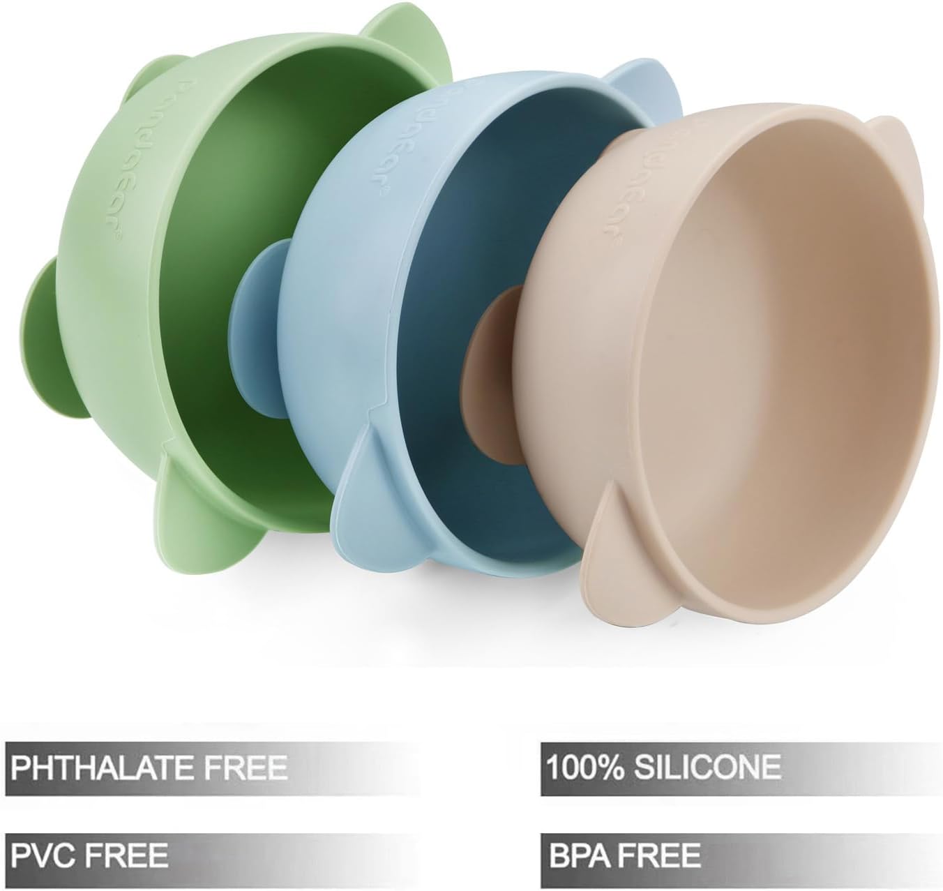 PandaEar Conjunto de 3 Tigelas de Silicone com Ventosa para Bebês, que Mantêm a Alimentação Firme, Ideais para a Introdução Alimentar de Bebês e Crianças Pequenas, Livres de BPA - Azul/Verde/Marrom