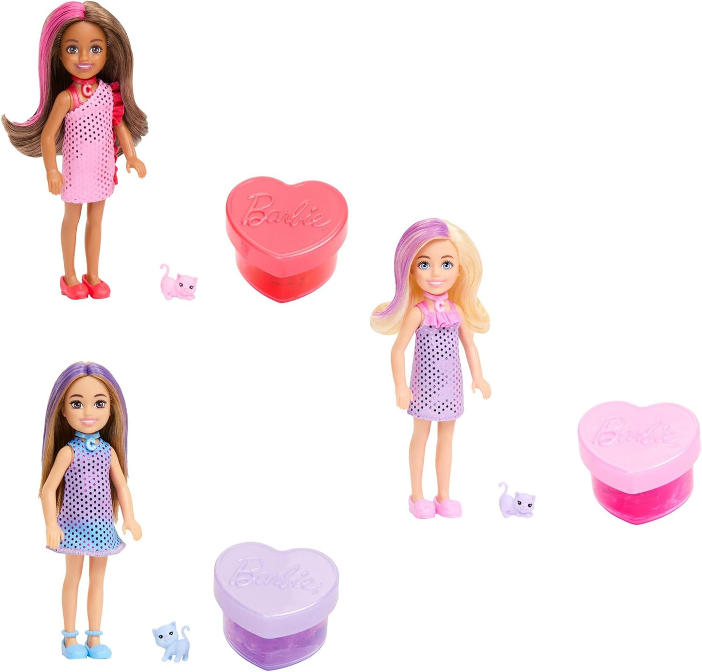 Barbie Festa Unboxed Chelsea Boneca, Série Festa Glamourosa com 6 Surpresas Incluindo Animal de Estimação e Mudança de Cor (Os Estilos Podem Variar), JFY04