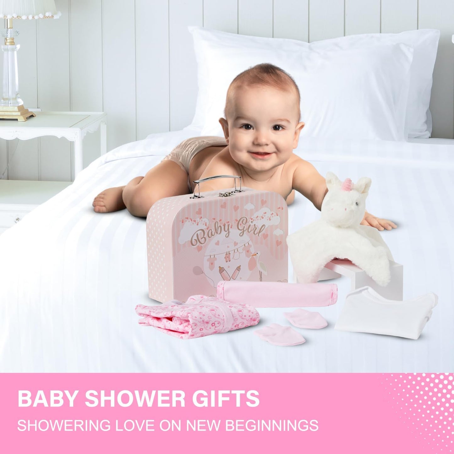 Baby Box Shop - Conjunto de presente para recém-nascidos - Cesta premium com chocalho para cachorro, porta-retratos, tecido de musselina, chá de bebê para recém-nascidos