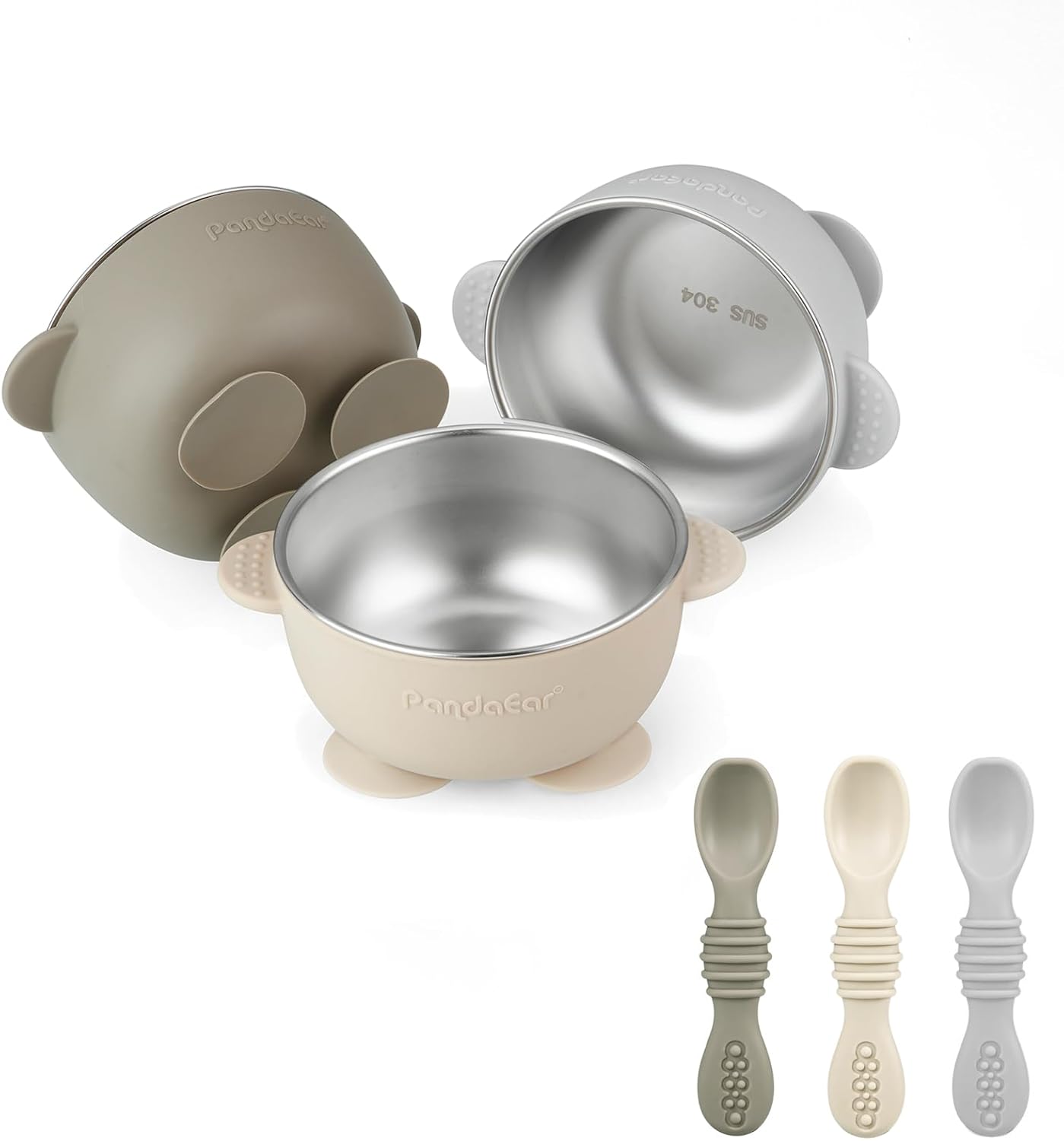 PandaEar Conjunto de 3 Tigelas de Silicone com Ventosa para Bebê, em Aço Inoxidável, com 3 Colheres, que Mantêm a Alimentação Firme, Ideais para Bebês e Crianças em Fase de Introdução Alimentar, Livres de BPA - Cor: Linho...