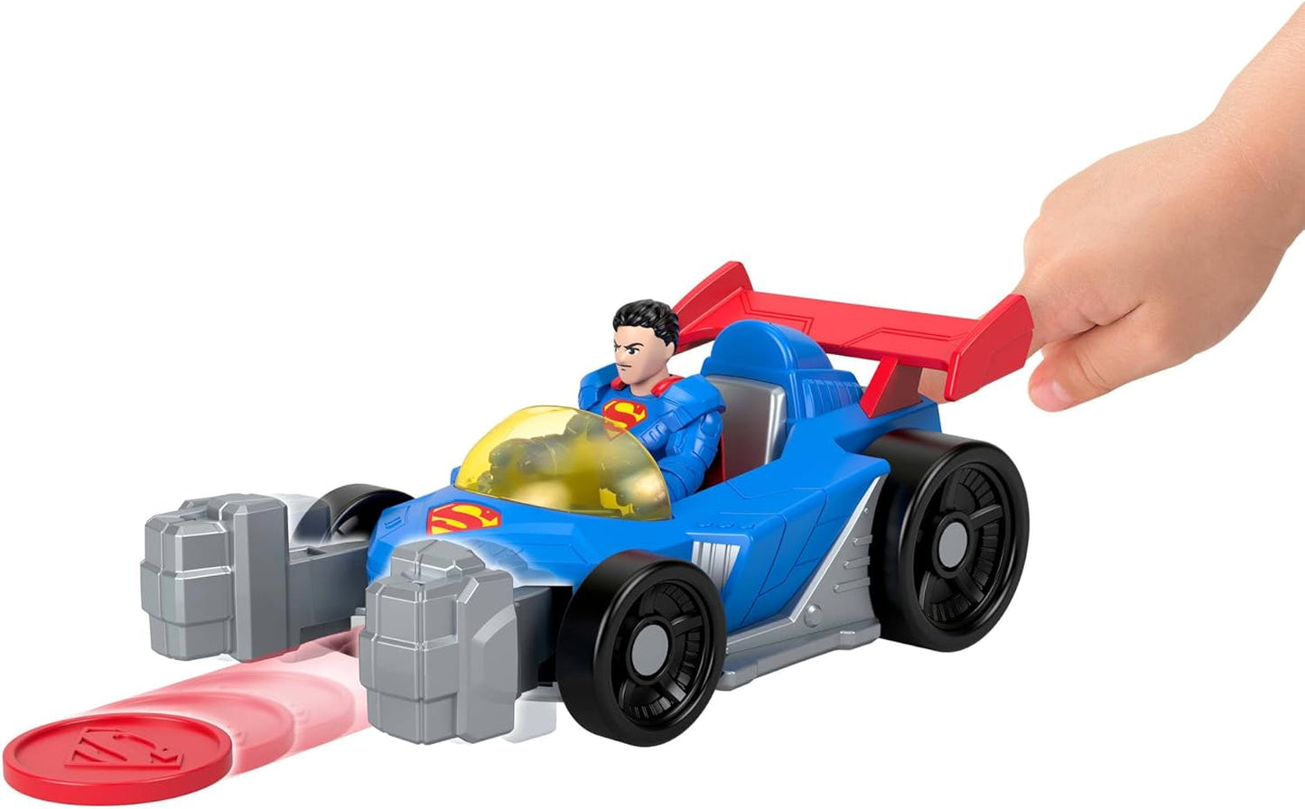Fisher-Price Imaginext DC Super Friends Metal Force Supermobile - Carrinho de Brinquedo, Figura de Ação do Superman de 7,6 cm e Conjunto de Acessórios, Inclui Lançador e 2 Discos, JFJ69