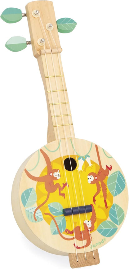Janod - Banjo de madeira - Instrumento musical infantil - 3 cordas extras incluídas - Brinquedo de imitação musical - Guitarra banjo infantil - A partir de 3 anos - J07661