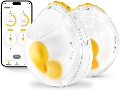 Bomba tira-leite dupla vestível Medela Magic InBra com tecnologia Fluidfeel, conectividade com aplicativo inteligente e controle avançado por sensores. Ultraleve, silenciosa e de nível hospitalar.