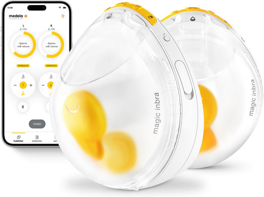 Bomba tira-leite dupla vestível Medela Magic InBra com tecnologia Fluidfeel, conectividade com aplicativo inteligente e controle avançado por sensores. Ultraleve, silenciosa e de nível hospitalar.