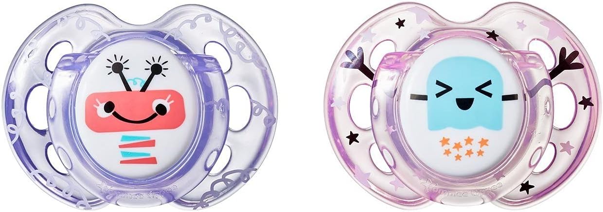 Tommee Tippee Manequins Fun Style, design ortodôntico simétrico, silicone sem BPA, 0-6m, pacote de 2 manequins, as cores podem variar