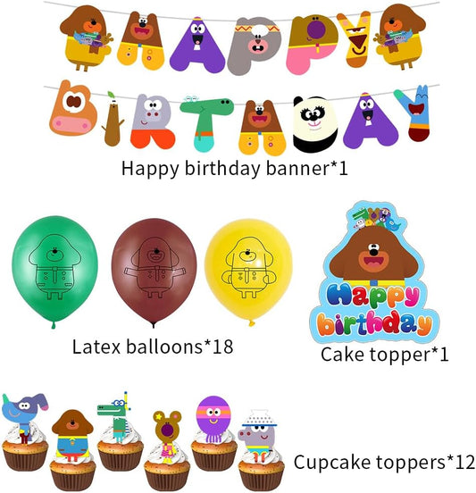 Kit de globos de fiesta Hey Duggee, 32 piezas de suministros para fiestas Hey Duggee, decoraciones de cumpleaños temáticas Hey Duggee, incluye pancarta de feliz cumpleaños, adornos para pasteles, globo, para fiesta de cumpleaños de niños y niñas