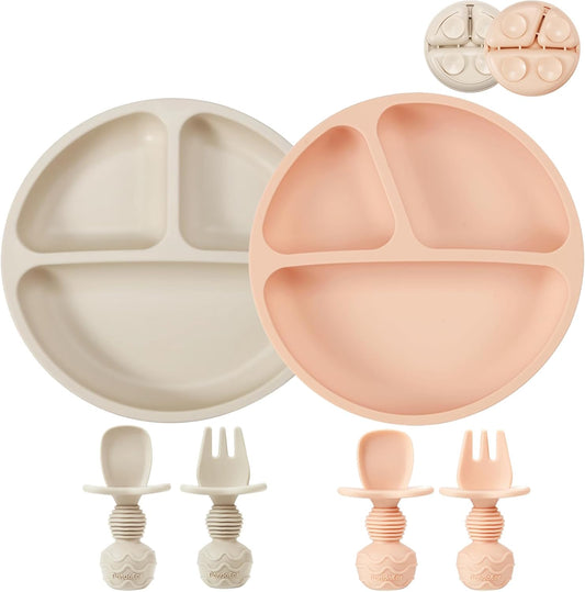 PandaEar Conjunto de 2 pratos de silicone com ventosa, 2 colheres e 2 garfos para bebês e crianças pequenas | Pratos divididos para introdução alimentar | Conjunto de jantar infantil | Conjunto de alimentação para bebês sem BPA