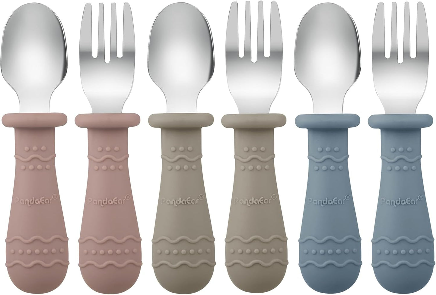 PandaEar Conjunto de Talheres Infantis com 6 Peças | Conjunto de Garfo e Colher para Bebê | Talheres Infantis em Aço Inoxidável | Talheres para Bebês a partir de 12 Meses com Design Antiengasgo e Apoio de Silicone (Azul/Marrom/Vermelho)