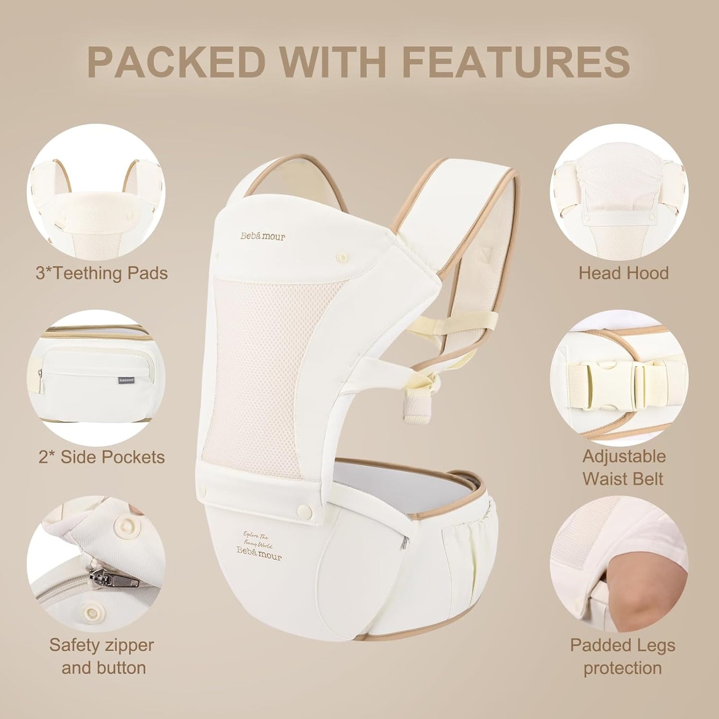 Bebamour Canguru para Bebê, para bebês de 0 a 36 meses, com assento de quadril, capuz para a cabeça, 3 protetores de dentição, extensor de cintura, bolsa de armazenamento e porta-chupeta (Bege)