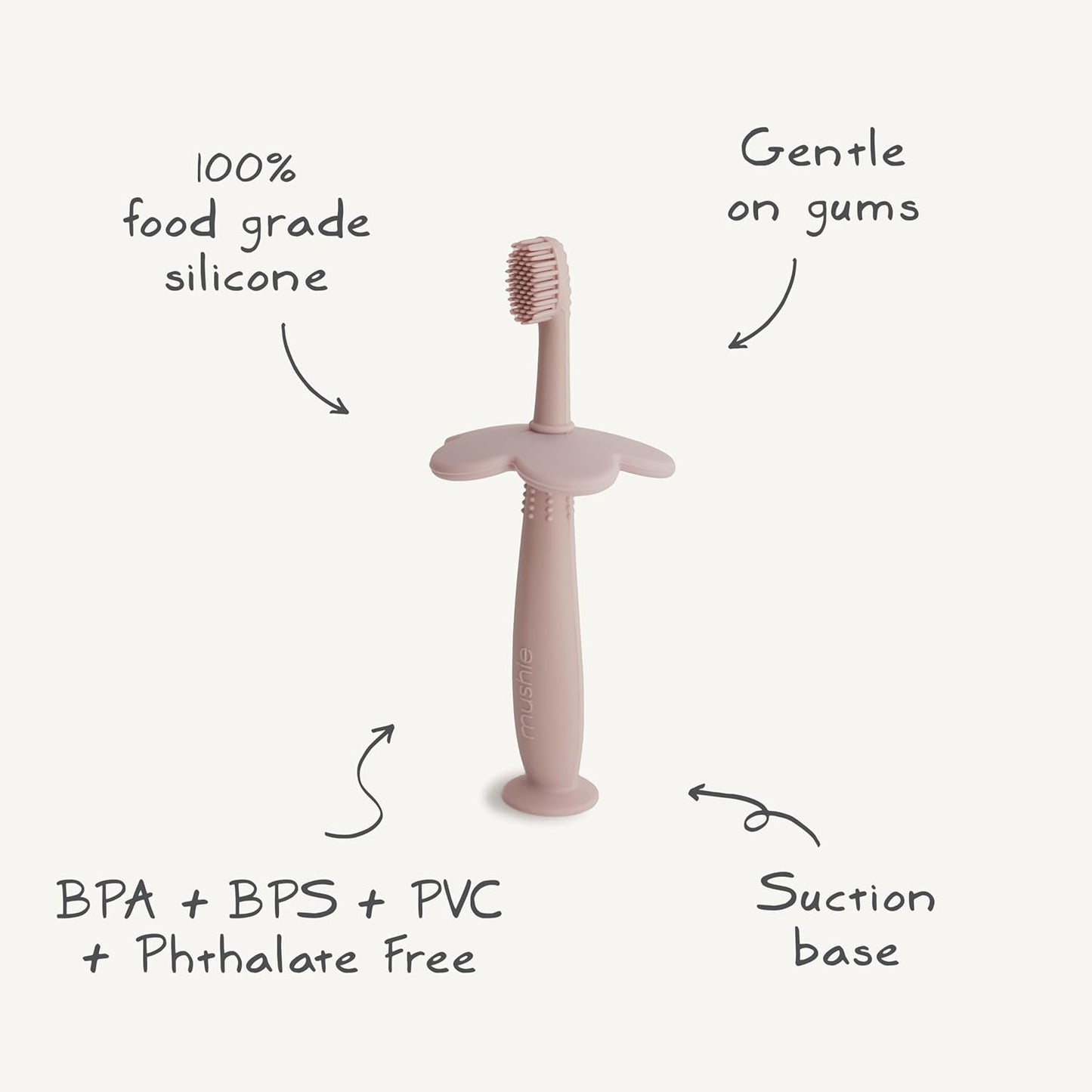 Mushie Escova de dentes de treinamento em silicone, para bebês e crianças pequenas, com base de sucção para fácil armazenamento e treinamento, material: silicone de qualidade alimentar, design de flor