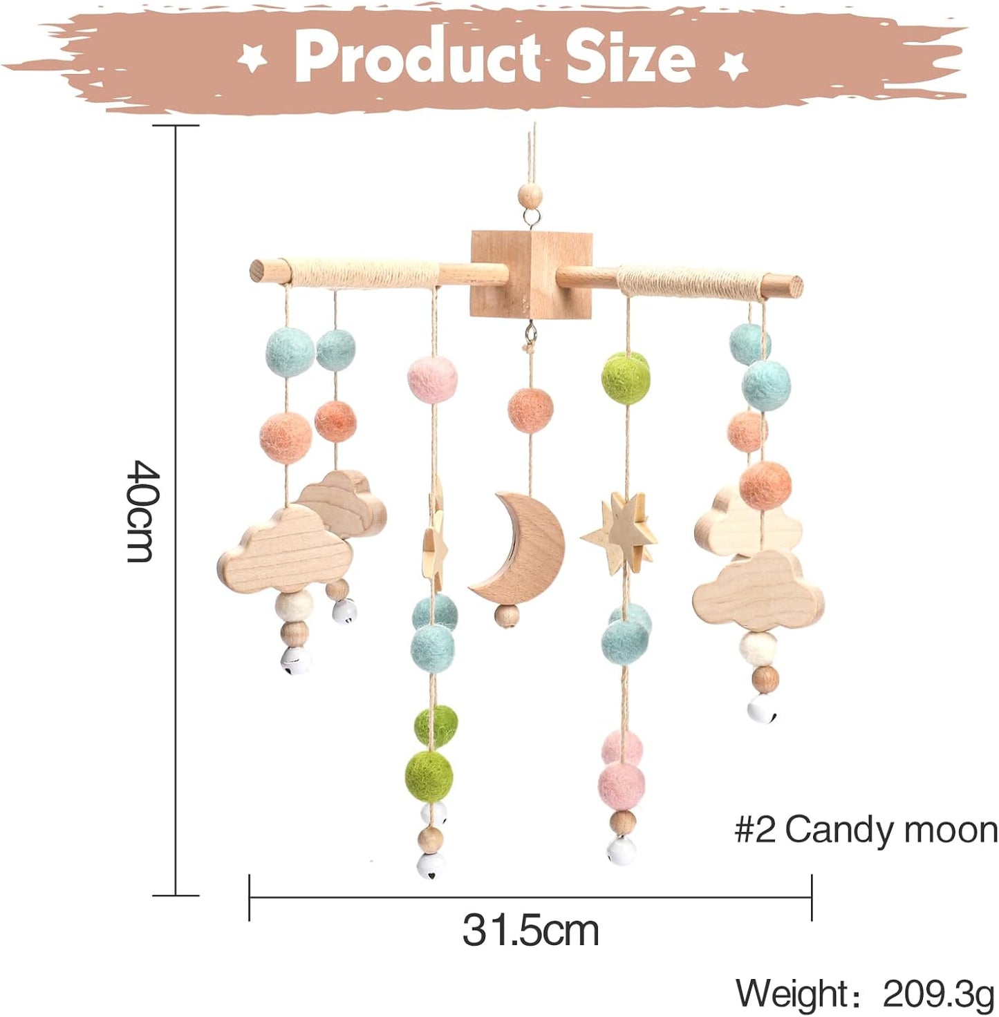 Let's Make Bolas móviles de Madera + Forro Polar para bebés, Campanas de Viento, Campanas para Hamacas de guardería, Regalos para recién Nacidos para niñas o niños (Luna Rosa)