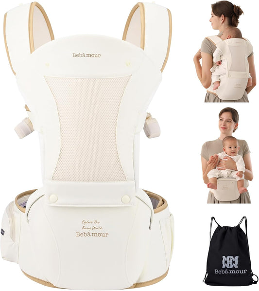 Bebamour Canguru para Bebê, para bebês de 0 a 36 meses, com assento de quadril, capuz para a cabeça, 3 protetores de dentição, extensor de cintura, bege.