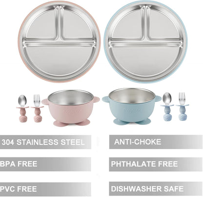 PandaEar Conjunto de 8 peças em aço inoxidável para alimentação infantil, incluindo 2 pratos com ventosa para bebês, 2 tigelas para crianças pequenas e 2 conjuntos de colheres e garfos.