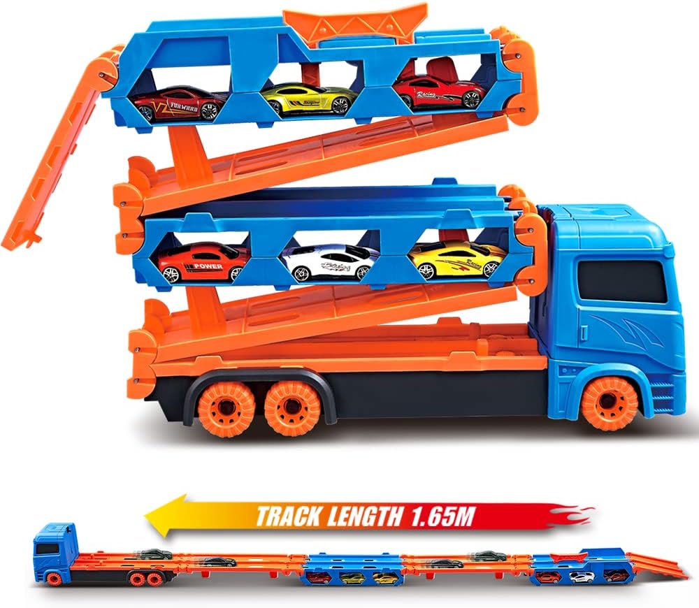 VATOS Transporte Caminhão Brinquedos Carros para Meninos Idades 3 4 5 6, Caminhão Portátil Brinquedo com 6 Carros de Corrida, Melhor Presente Veículos Transportadores Brinquedos Conjunto para Crianças