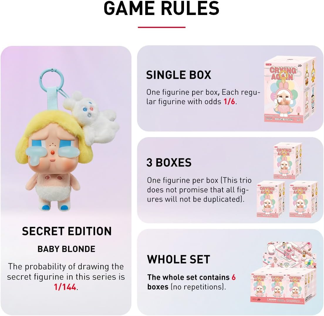 POP MART CRYBABY Crying Again Series - Conjunto completo de bonecos de pelúcia com emblema, design premium, presentes para mulheres, boneco de ação colecionável chique e favorito dos fãs