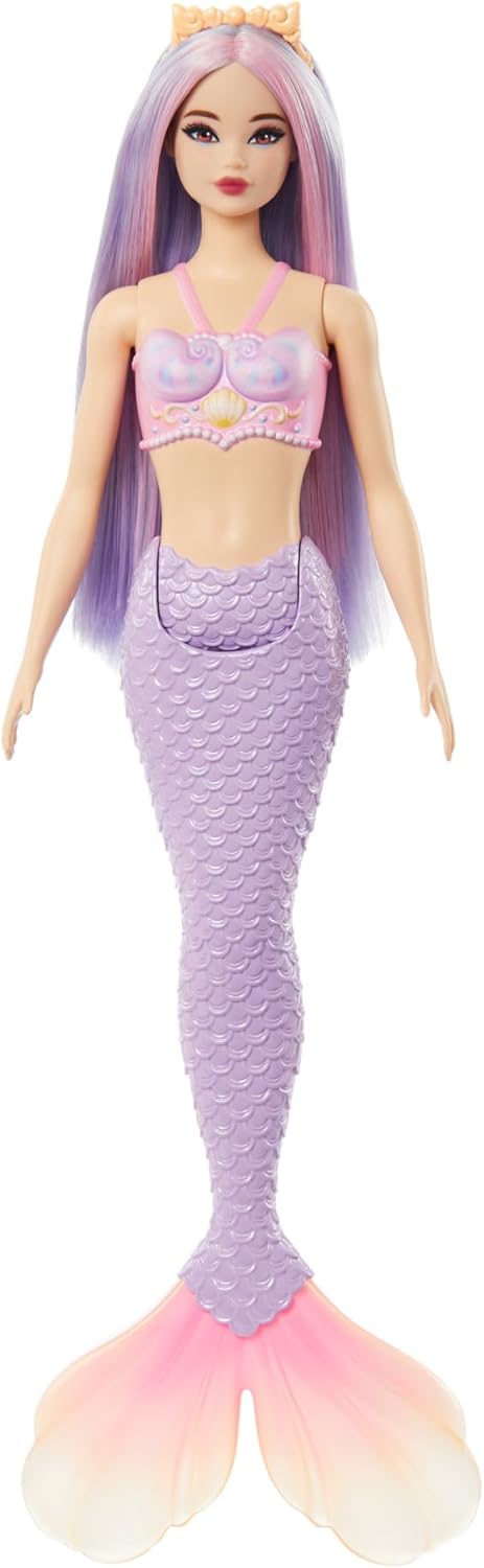 Barbie Bonecas de sereia com cabelo de fantasia e acessórios de faixa de cabeça, brinquedos de sereia com corpete inspirado em conchas e caudas coloridas, HR03