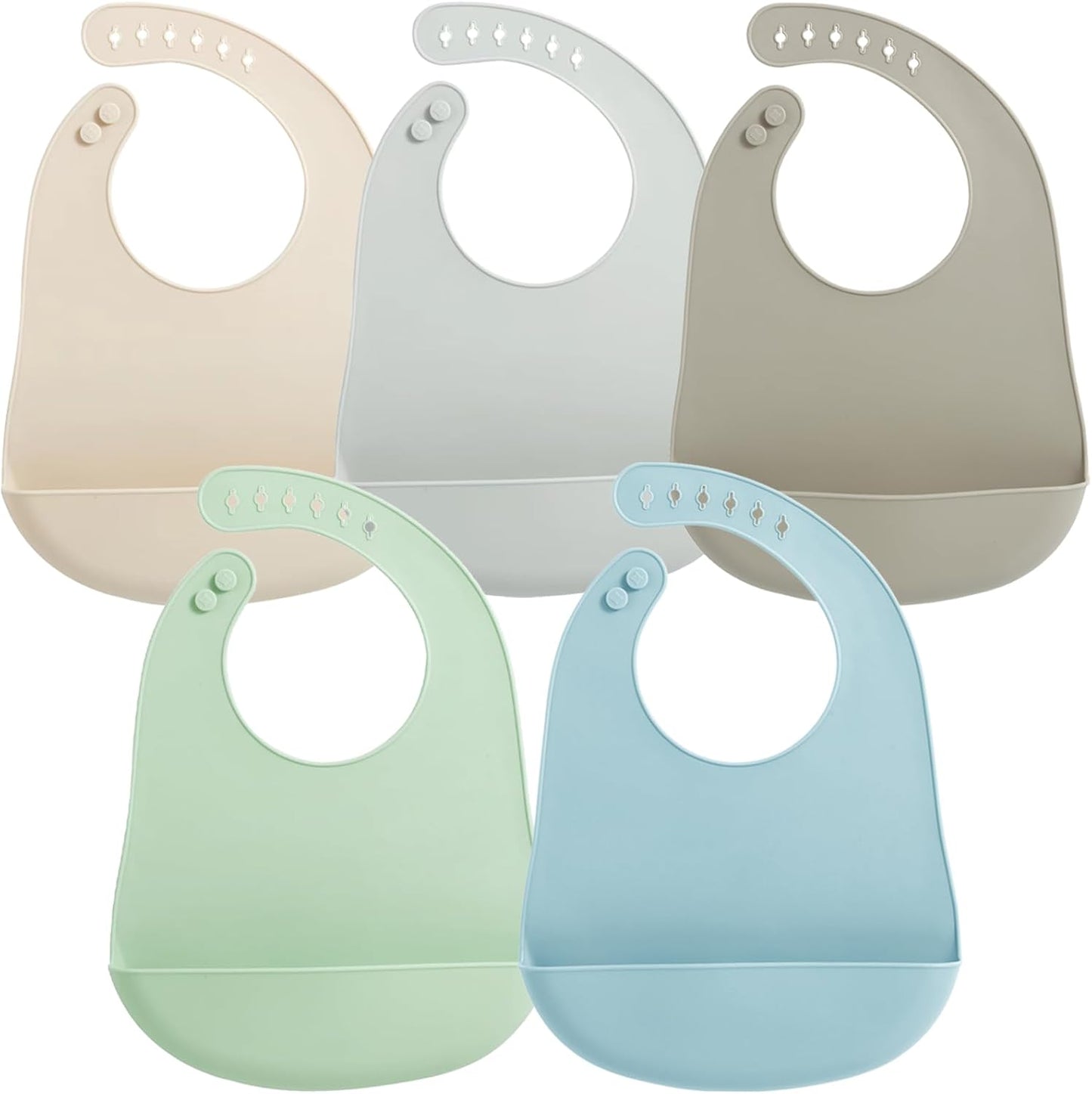 PandaEar Conjunto de 5 Babadores de Silicone para Bebês e Crianças Pequenas, Babadores Impermeáveis para Bebês de 6 a 18 Meses, para Introdução Alimentar, Babador Ajustável com Bolso Grande para Coletor de Alimentos,