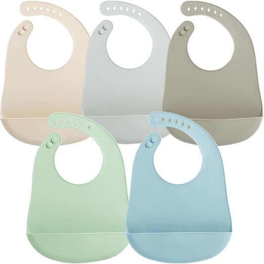 PandaEar Conjunto de 5 Babadores de Silicone para Bebês e Crianças Pequenas, Babadores Impermeáveis para Bebês de 6 a 18 Meses, para Introdução Alimentar, Babador Ajustável com Bolso Grande para Coletor de Alimentos,