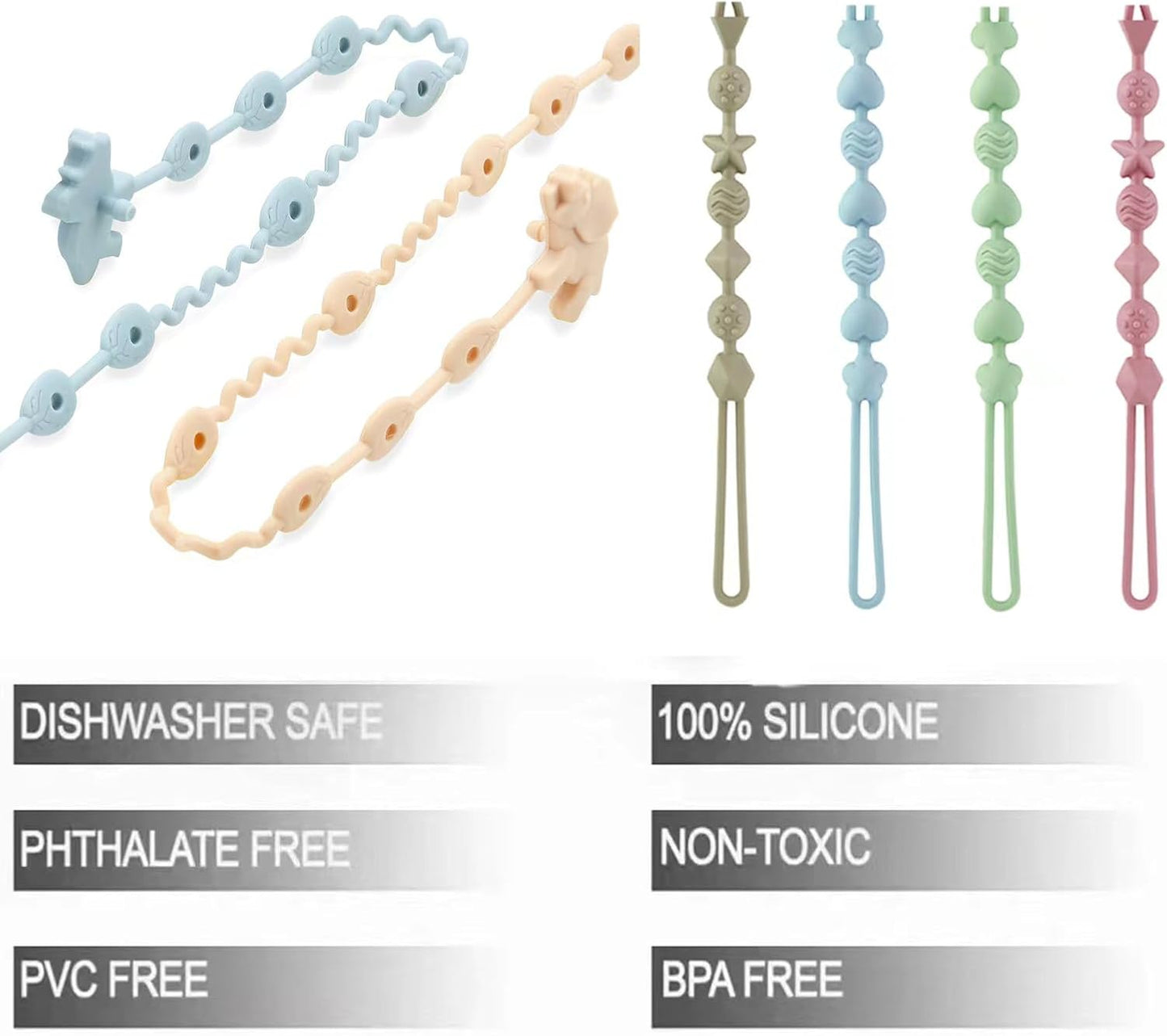 PandaEar Conjunto de 8 prendedores de chupeta de silicone, incluindo 4 tiras de silicone para brinquedos e 4 prendedores de chupeta de peça única para bebês meninos e meninas, ideais para a fase de dentição.