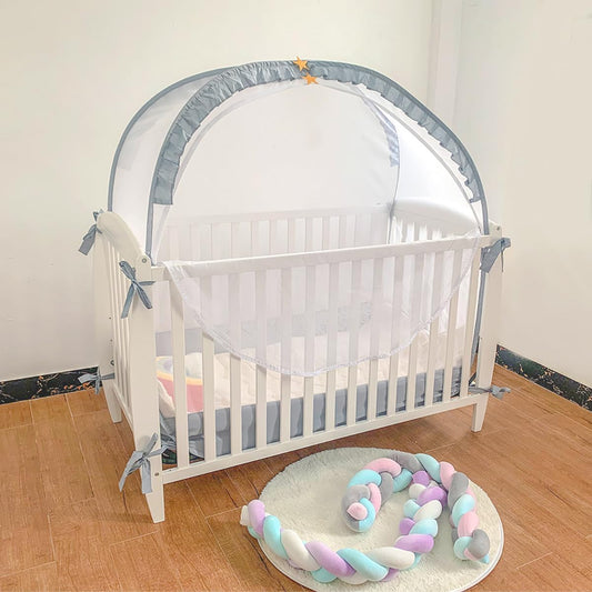 PandaEar Tenda dobrável para berço, impede que o bebê saia escalando, cobertura de malha respirável para berço, capa para berço com zíper, fácil instalação (cinza)