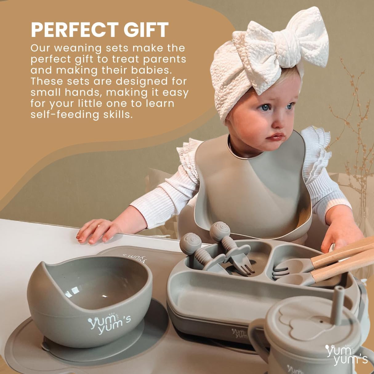 Yum Yum's Conjunto de Introdução Alimentar Baby com 10 Peças Cinza - Kit Completo para Alimentação Infantil com Prato Dividido, Tigelas com Ventosa, Talheres com Protetor Bucal, Copo com Canudo,