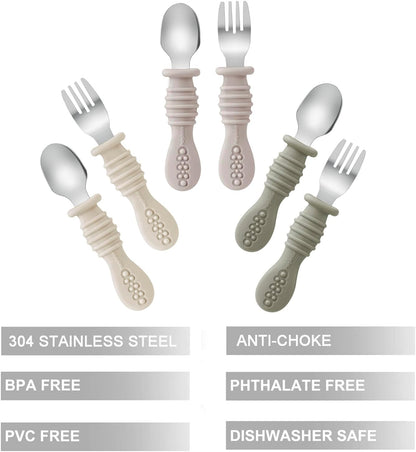PandaEar Conjunto de Talheres com 6 Peças: Garfo e Colher para Bebê, em Aço Inoxidável, para Alimentação Independente de Bebês e Crianças, com Cabo de Silicone, Livre de BPA