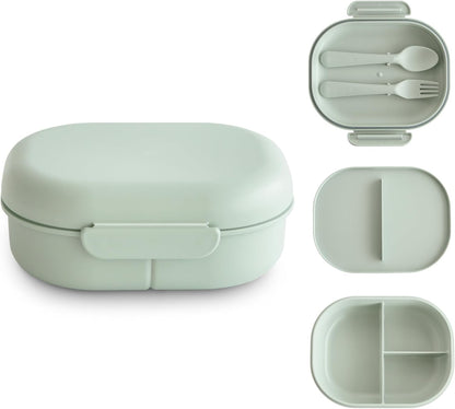 Mushie Lancheira | Lancheira infantil para jardim de infância e escola | Divisórias e compartimentos com tampas com trava | Inclui 1 conjunto de talheres (garfo e colher) | (Verde Sálvia)