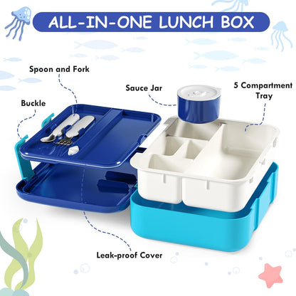 Lehoo Castle Lancheira infantil Bento, lancheira com 5 compartimentos, recipientes de almoço de 1,25L com pote de molho, colher e garfo para meninos e meninas, escola, à prova de vazamentos, sem BPA (dinossauro)