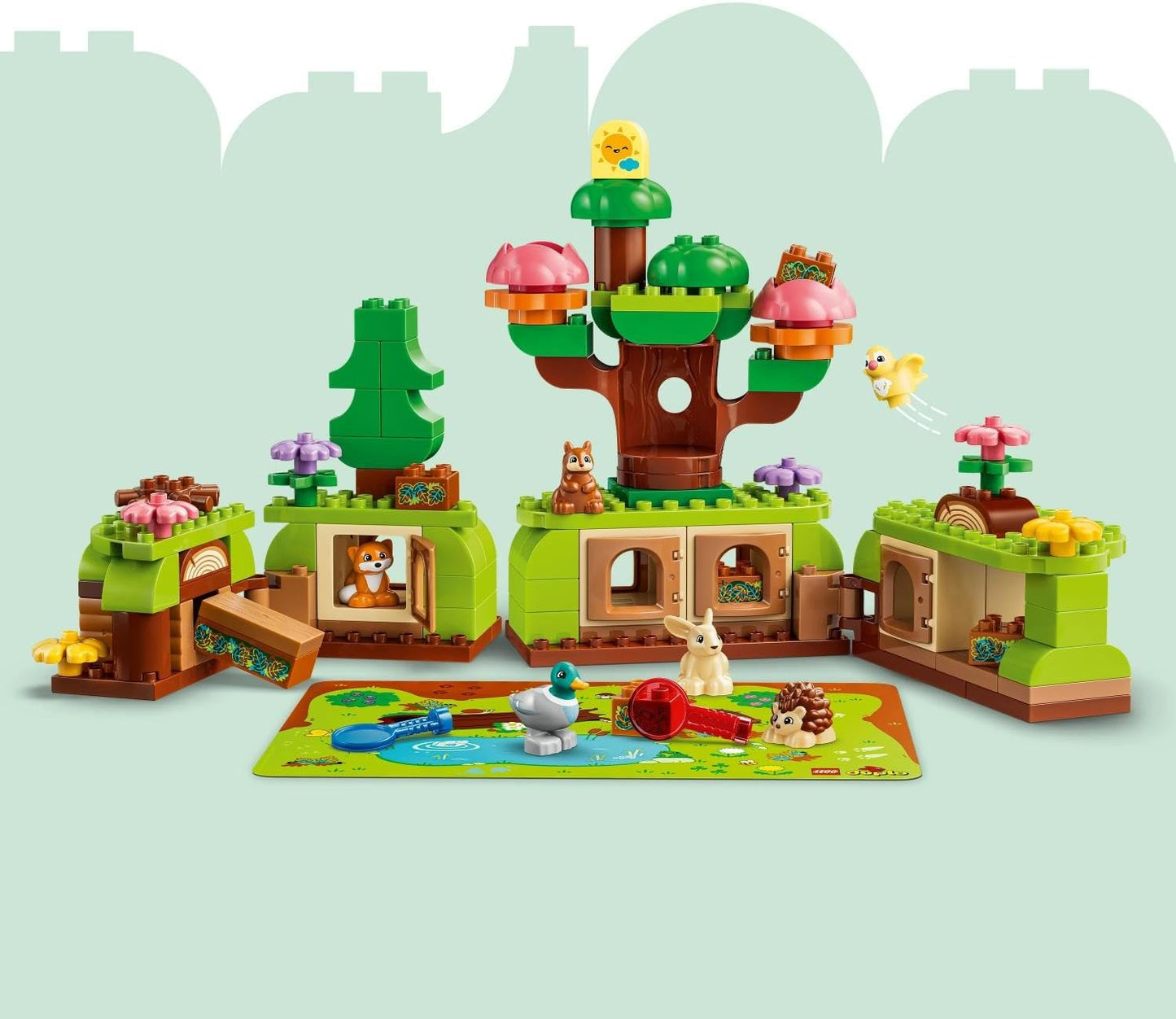 LEGO DUPLO Floresta da Descoberta com Animais Selvagens - Brinquedo Educativo para Crianças - Conjunto Montessori com Figuras de Animais, Árvores e Tapete de Atividades - Presente para Meninas e Meninos a partir
