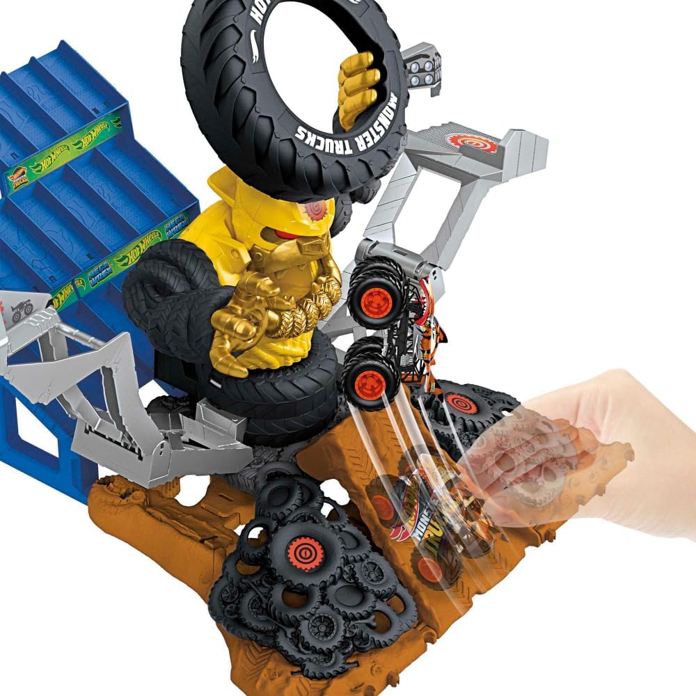 Hot Wheels Monster Trucks Arena Smashers Mega-Wrex vs. Crushzilla Takedown com caminhão de brinquedo Mega-Wrex em escala 1:64 e 2 carros esmagáveis, HPR47