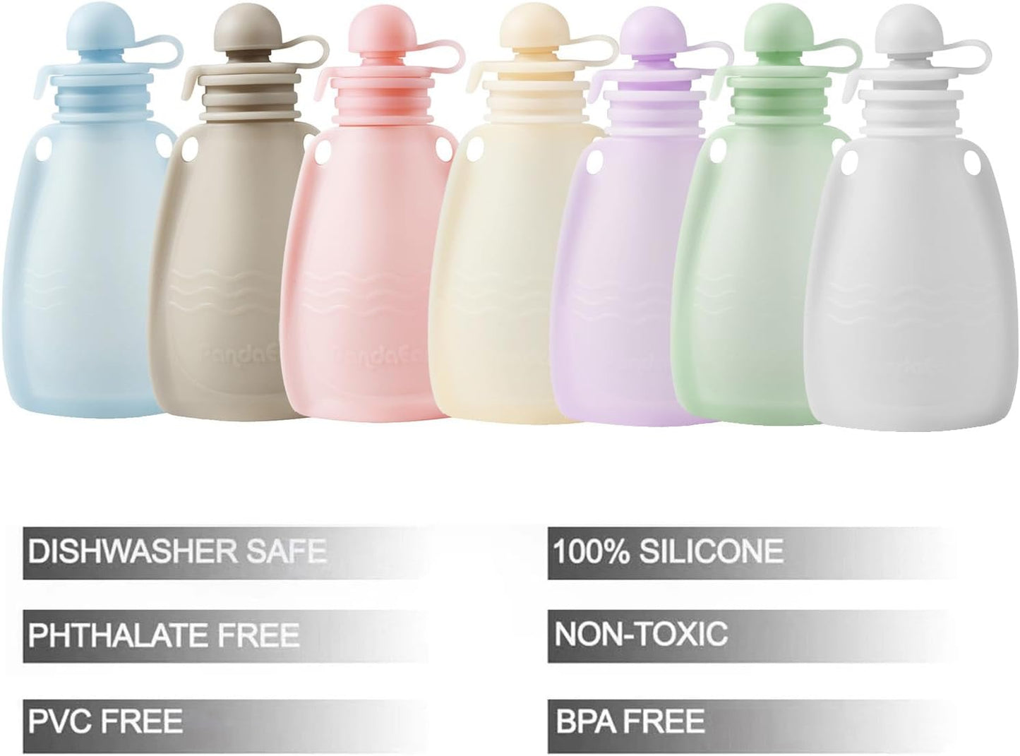 PandaEar Conjunto de 7 saquinhos de silicone reutilizáveis para papinha , ideais para bebês e crianças pequenas. Feitos de silicone livre de BPA, cada saquinho tem capacidade para 142 g (5 oz).