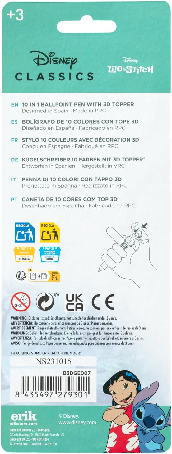 Disney Grupo Erik Stitch Pen Caneta Esferográfica 10 em 1 com Topper 3D Stitch | Caneta Disney | Lilo & Stitch Gifts | Stitch Gifts | Disney Gifts | Stitch Disney Gifts