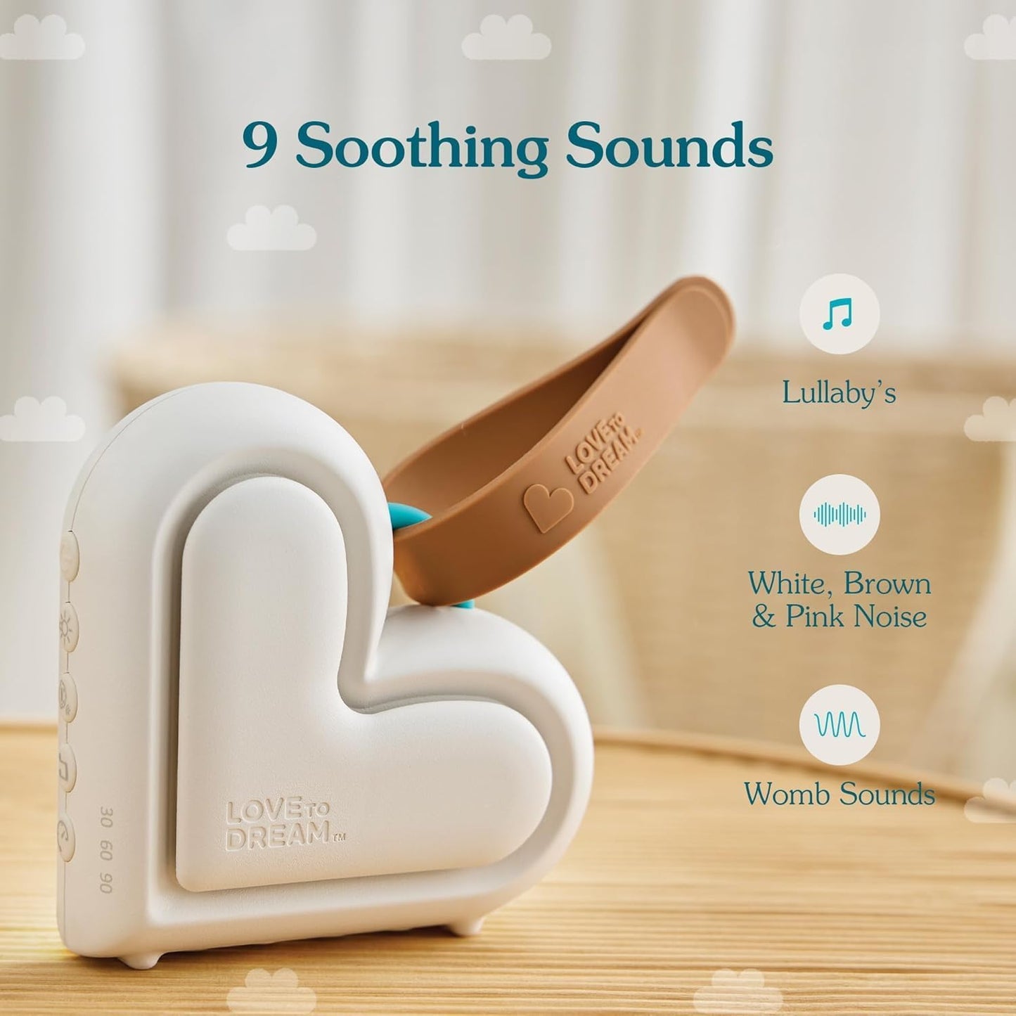 Love To Dream™ Aparelho Portátil para Dormir Bebê - Terapia Sonora Relaxante e para Dormir, 9 Sons Suaves para Bebês, Ruído Branco e Canções de Ninar com Luz Noturna, Design Compacto, Volume Ajustável e Detecção de Choro